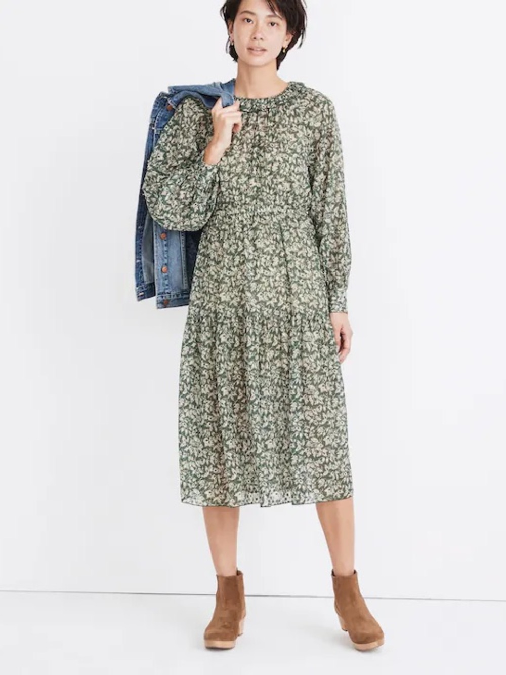 Madewell Ruffle Neck Tiered Midi Dress
